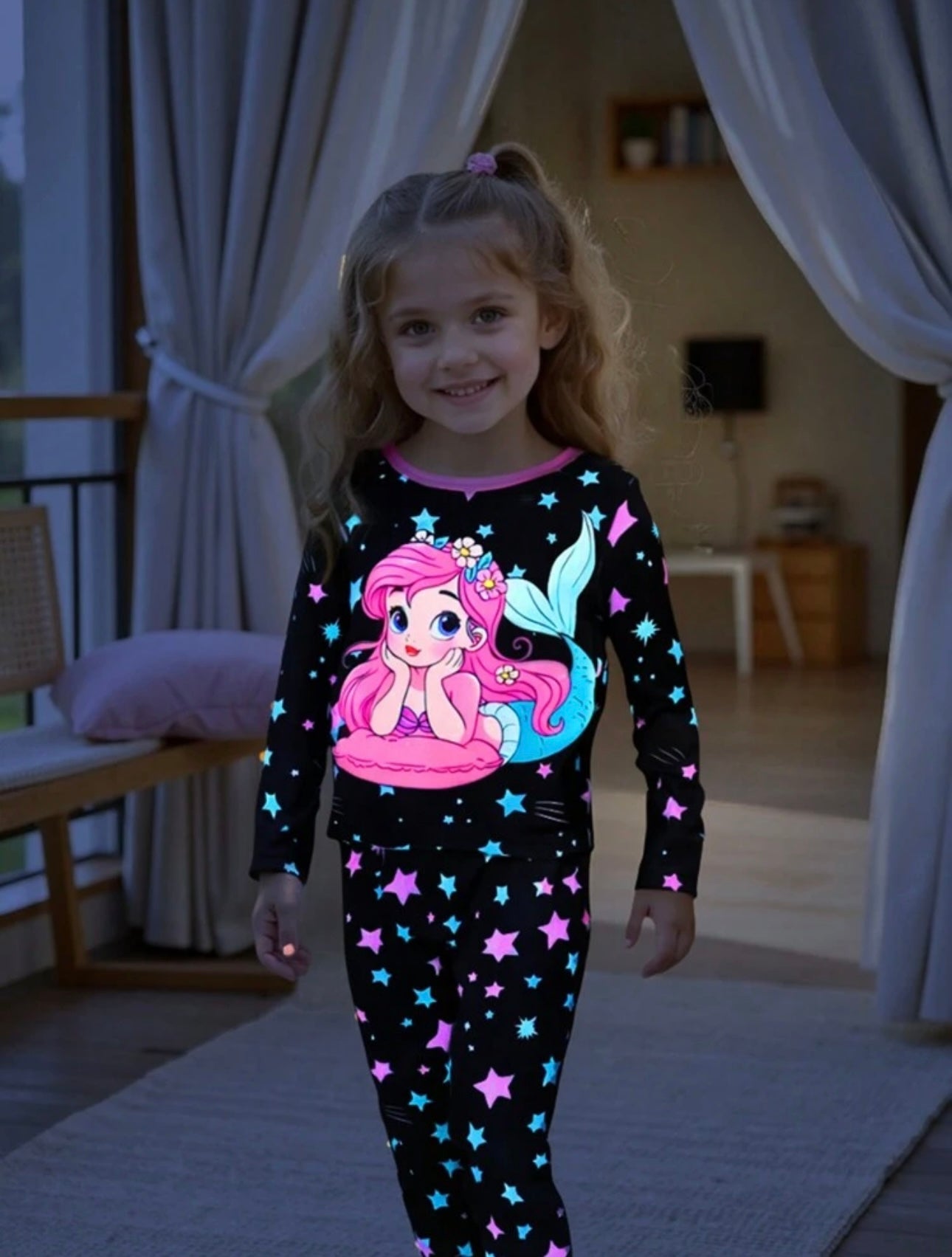 2pcs Young Girl Unicorn Colorful Luminous Star Print Simple Elegant Loose Casual Long Sleeve Pants Pajama Set