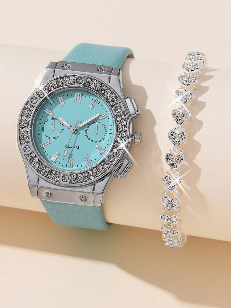 1pc Ladies Watch Rhinestone  Quartz Watch & 1pc Bracelet