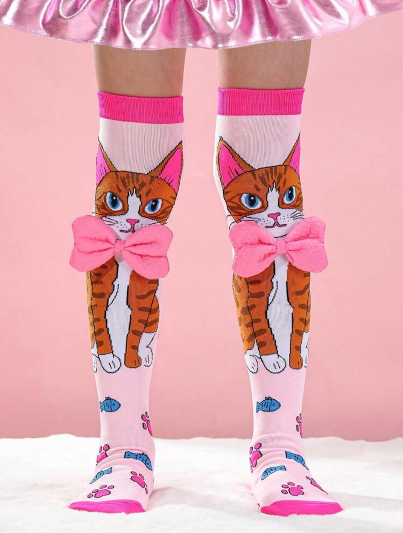 1 Pair Girls Over-The-Knee Socks With Cute Kitty Print, Bow Decor, Fashion Pink Color