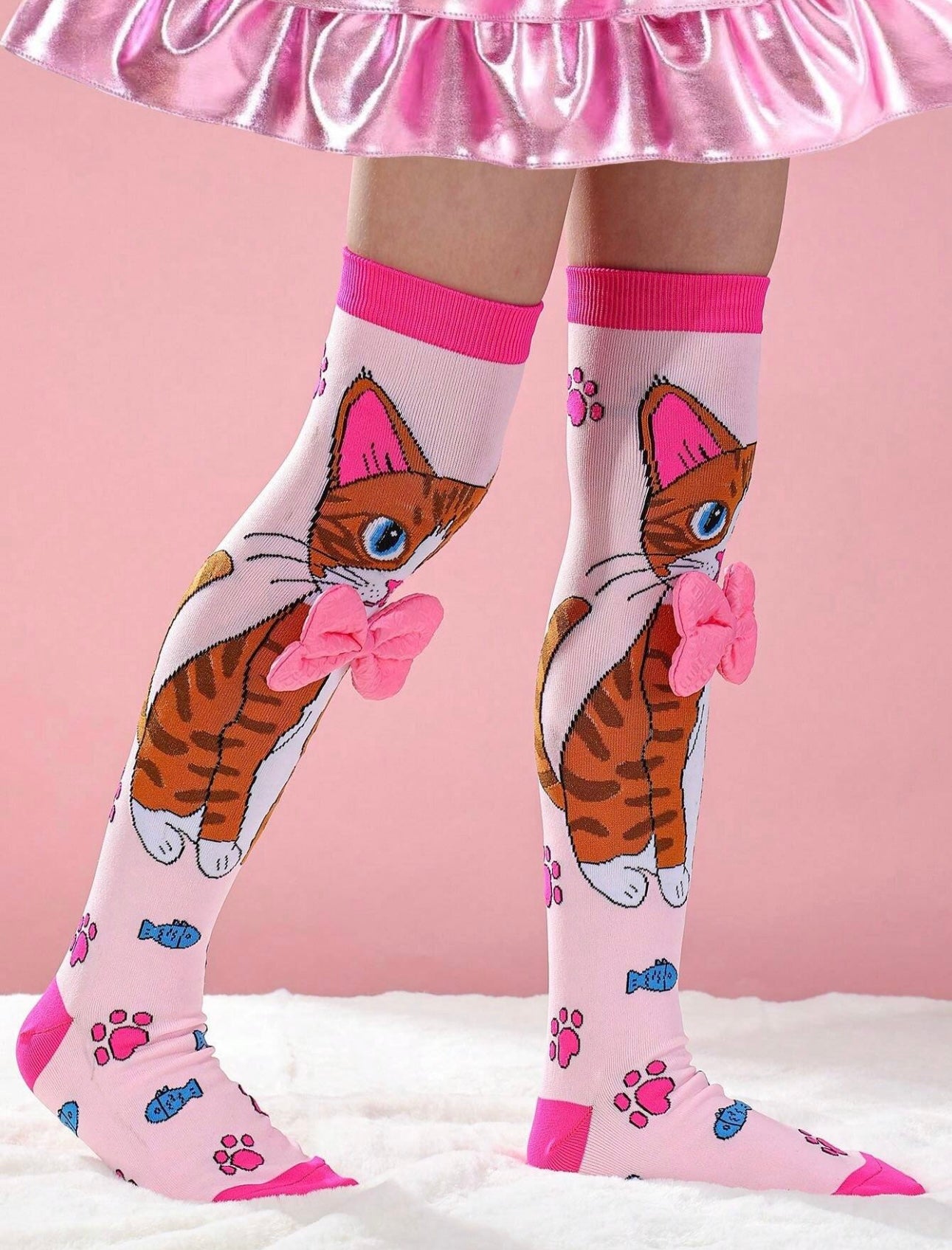 1 Pair Girls Over-The-Knee Socks With Cute Kitty Print, Bow Decor, Fashion Pink Color