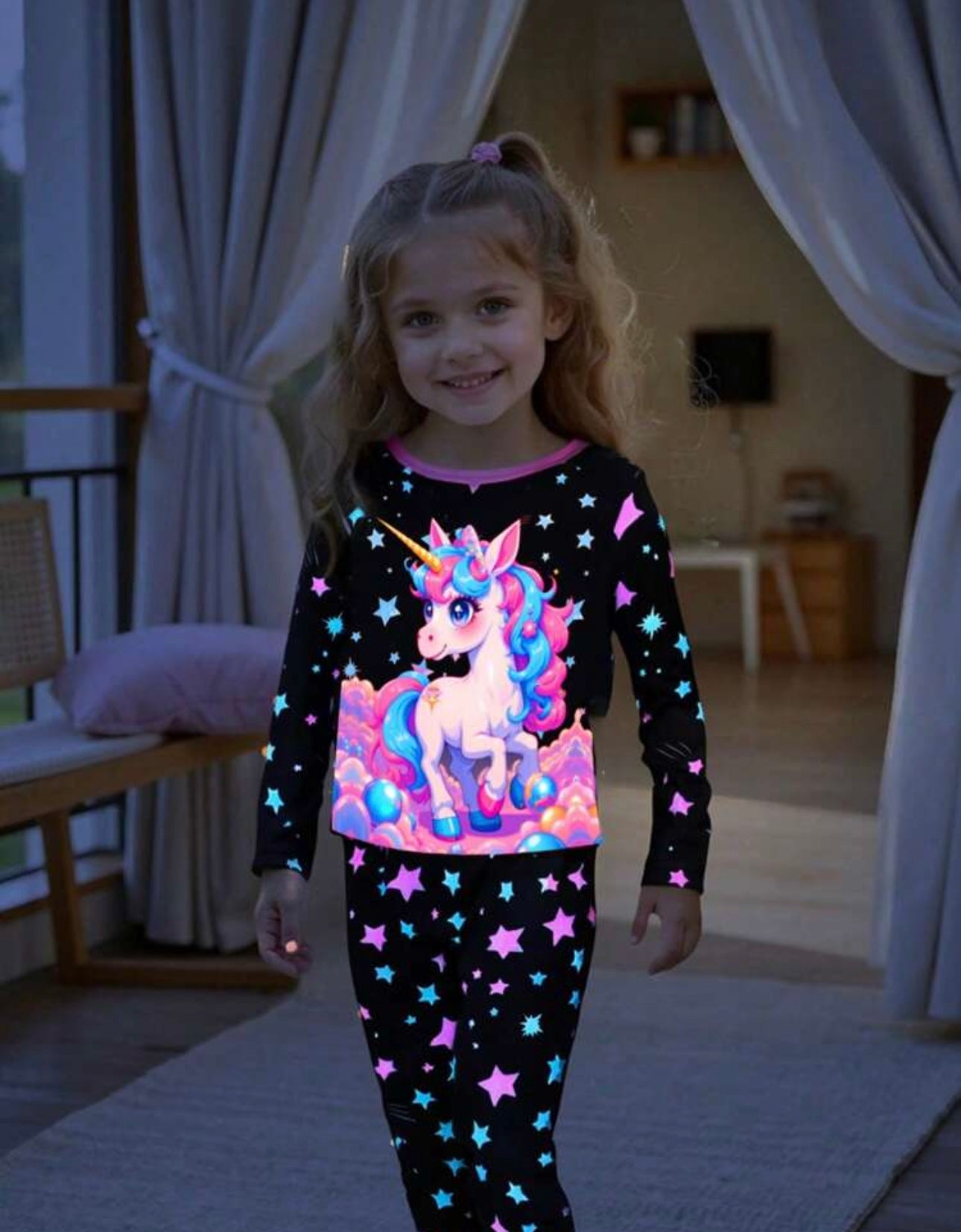 2pcs Young Girl Unicorn Colorful Luminous Star Print Simple Elegant Loose Casual Long Sleeve Pants Pajama Set