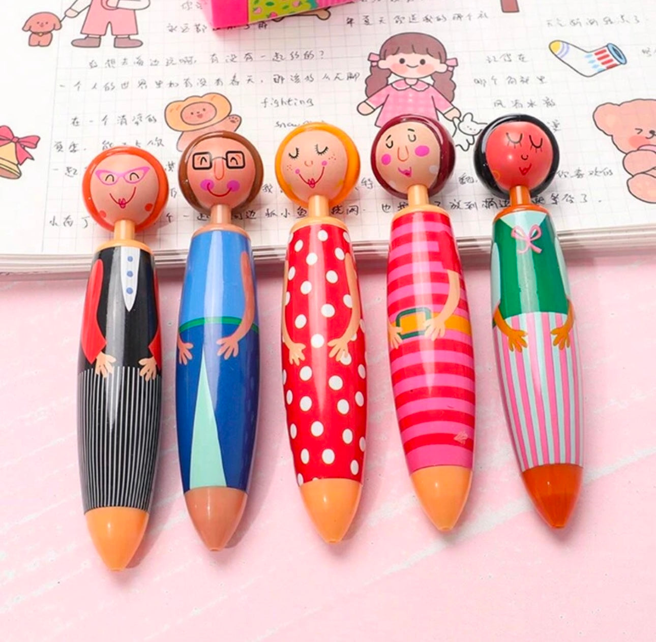 5pc Random Cartoon Doll Villain Ballpoint Pen, Blue Refill Doll Ballpoint Pen, Doll Ballpoint Pen Back To School