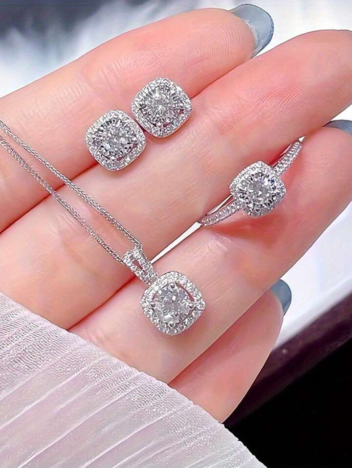 4pcs/Set Rectangular Rhinestone Earrings, Necklace And Ring Set, Elegant Luxury Style, Sophisticated Women's