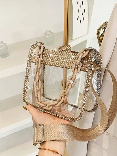 Mini Rhinestone Decor Chain Square Bag Clear PV