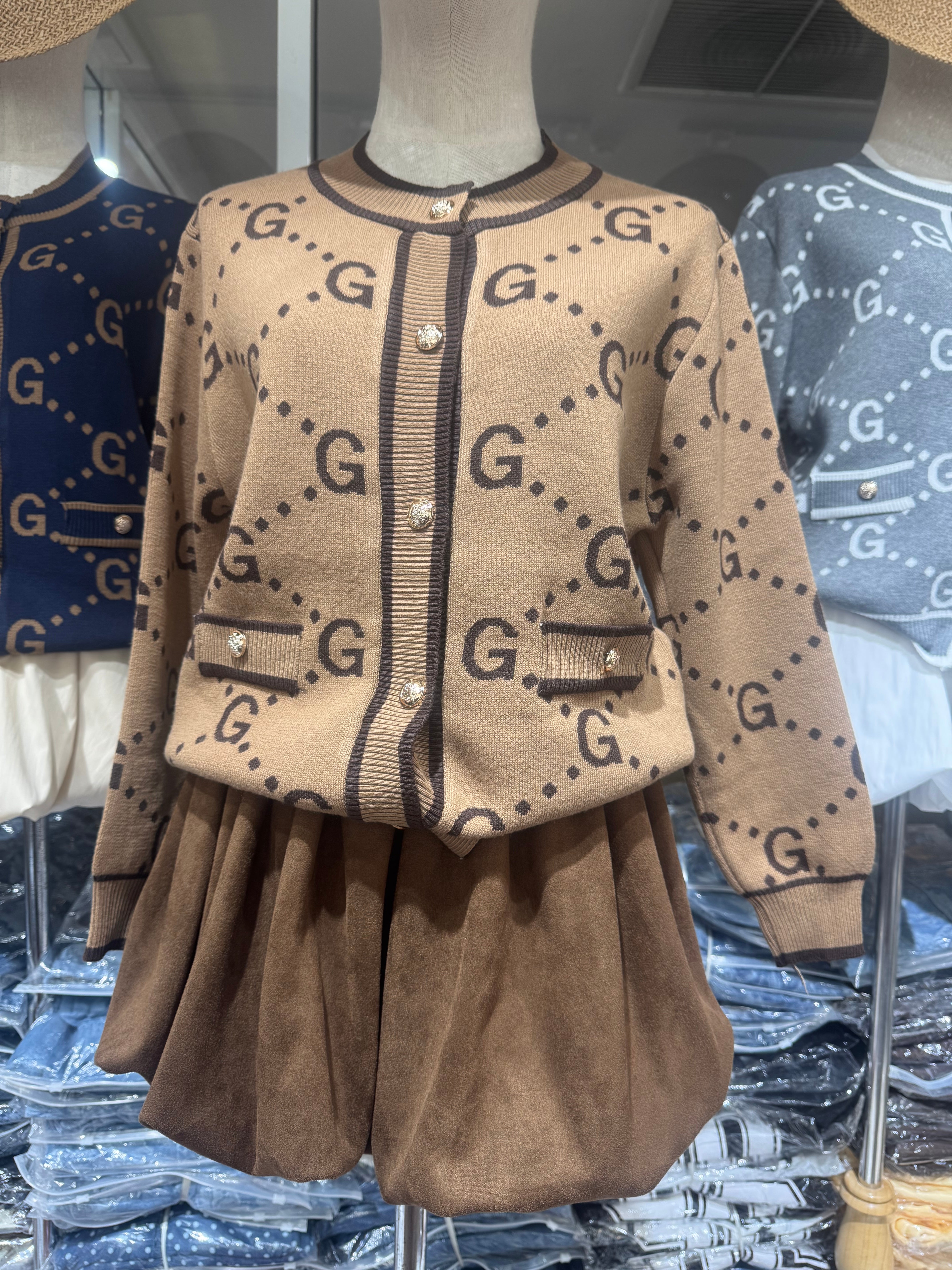 Gg sweater with suede skirt
