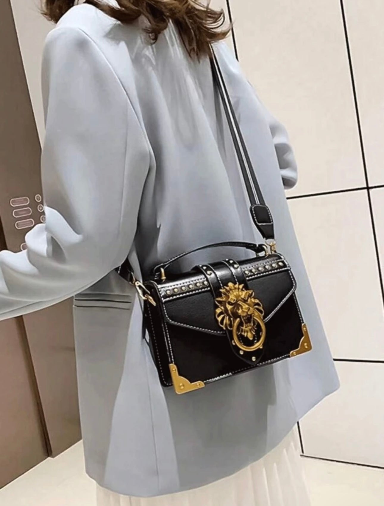 Lion Head Decor Square Crossbody Bag, PU Leather Textured Bag Purse, Versatile Fashion Shoulder Bag