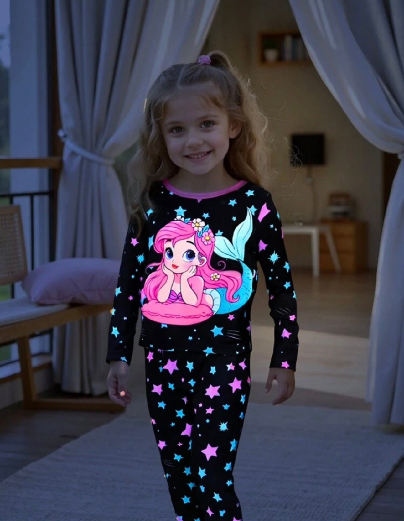 2pcs Young Girl Unicorn Colorful Luminous Star Print Simple Elegant Loose Casual Long Sleeve Pants Pajama Set