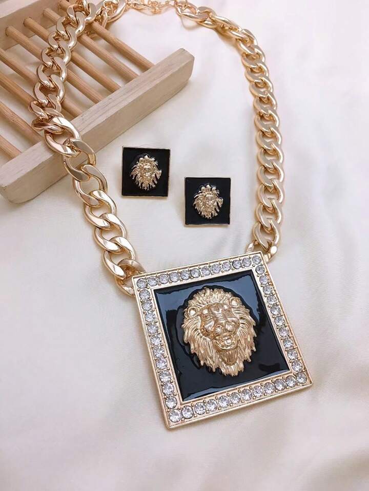 1set European And American Lion Head Design Necklace And Earrings Set