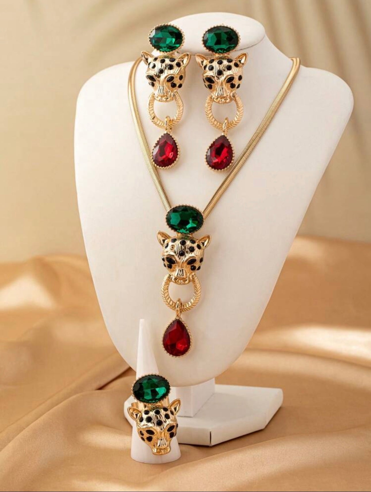 Set Of 4 Pcs European & American Vintage 3D Leopard Pattern Extravagant Niche High-End Necklace, Earrings, Ring