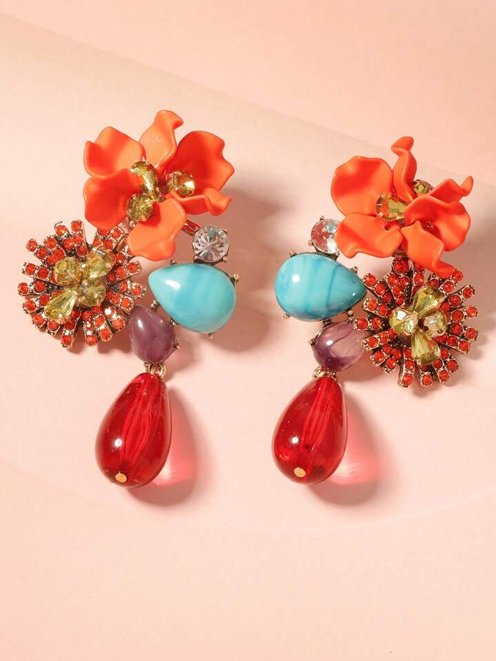 1 Pair Vintage Floral Crystal-Embellished Teardrop Dangle Earrings