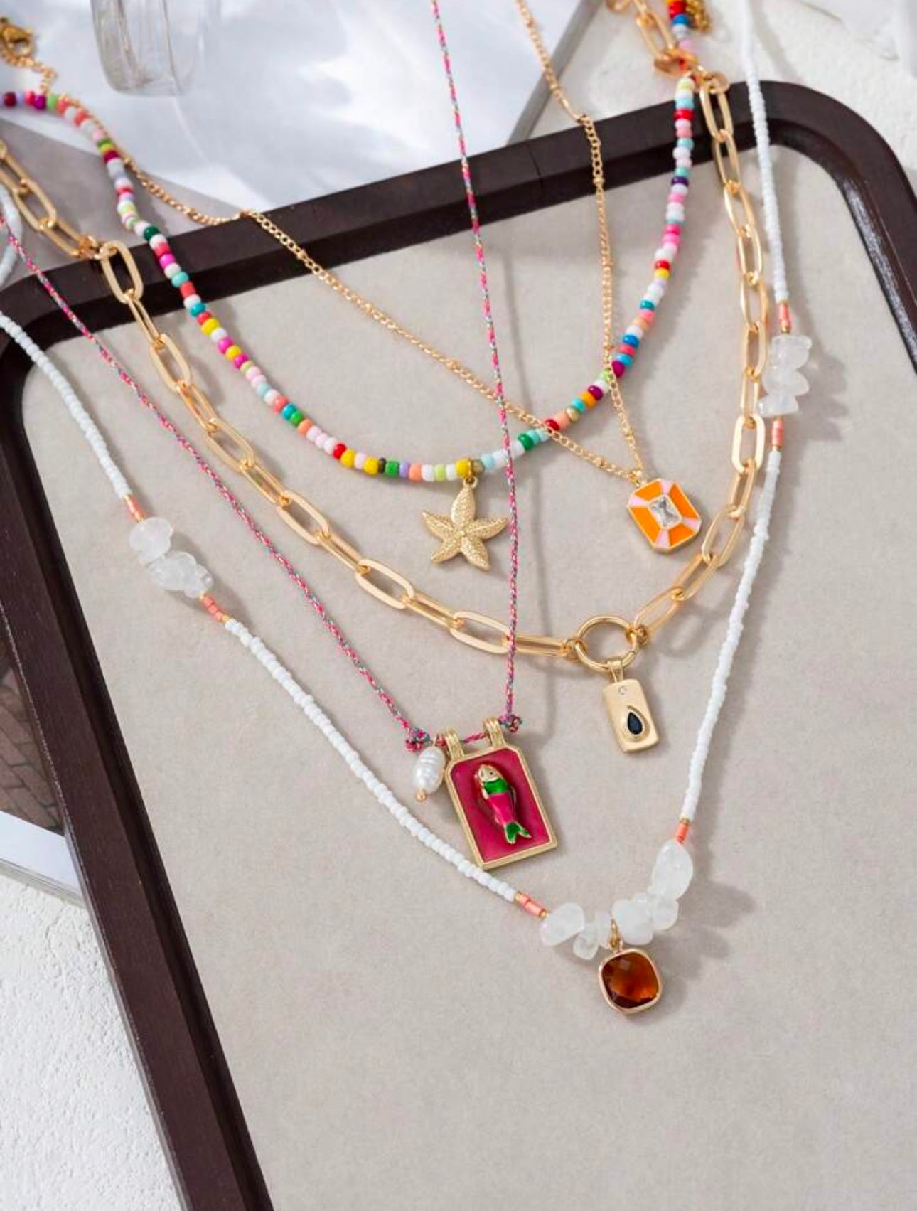 4pcs Set European & American Fashion Red Heart, Cross, Rose, Virgin Mary Pendant Multi-Layer Necklace