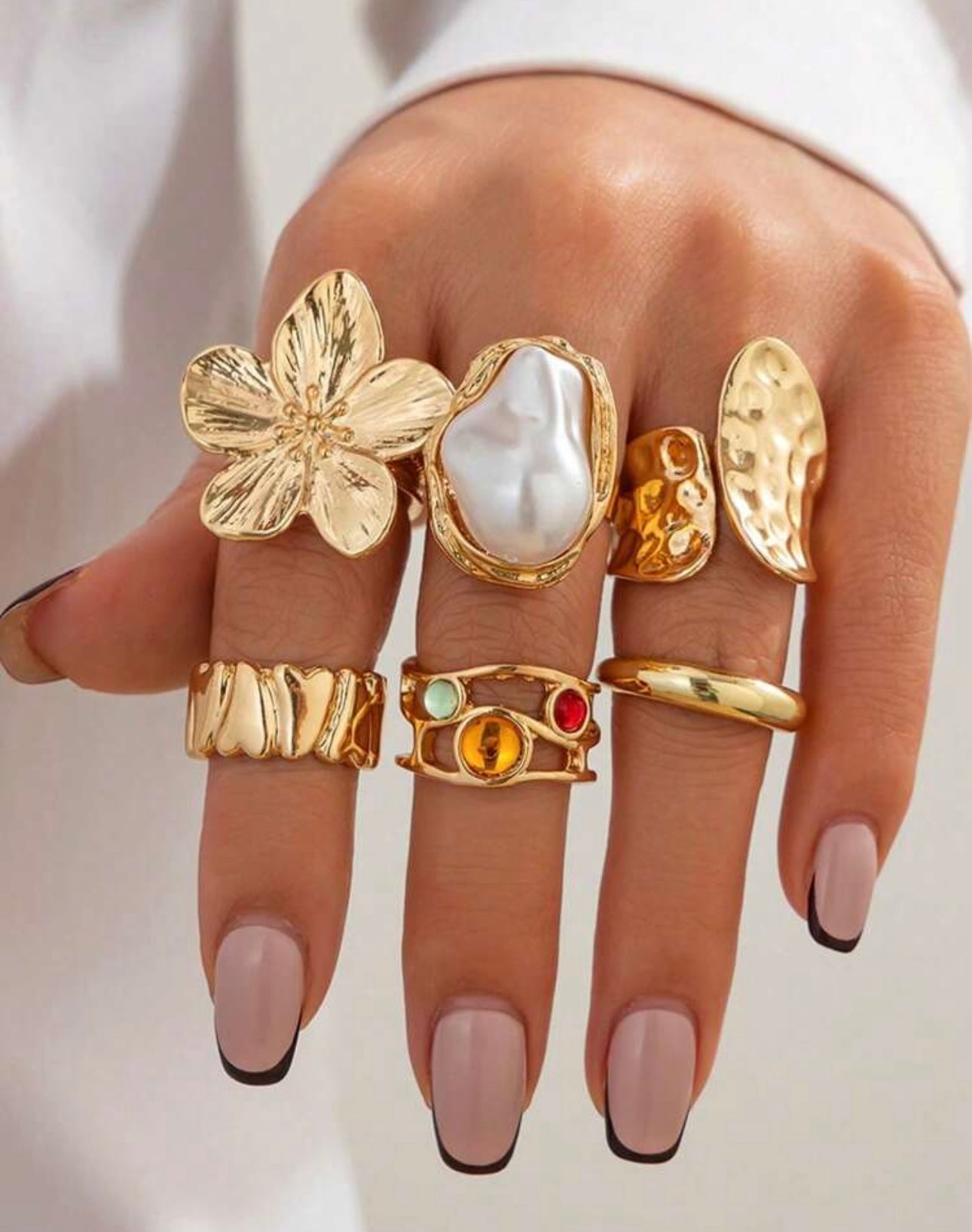 6pcs Baroque Faux Pearl Rings, Unique Exaggerated Open Ring, Vintage Flower Metal Rings, Suitable For Any Occasion, Perfect Gift Choice