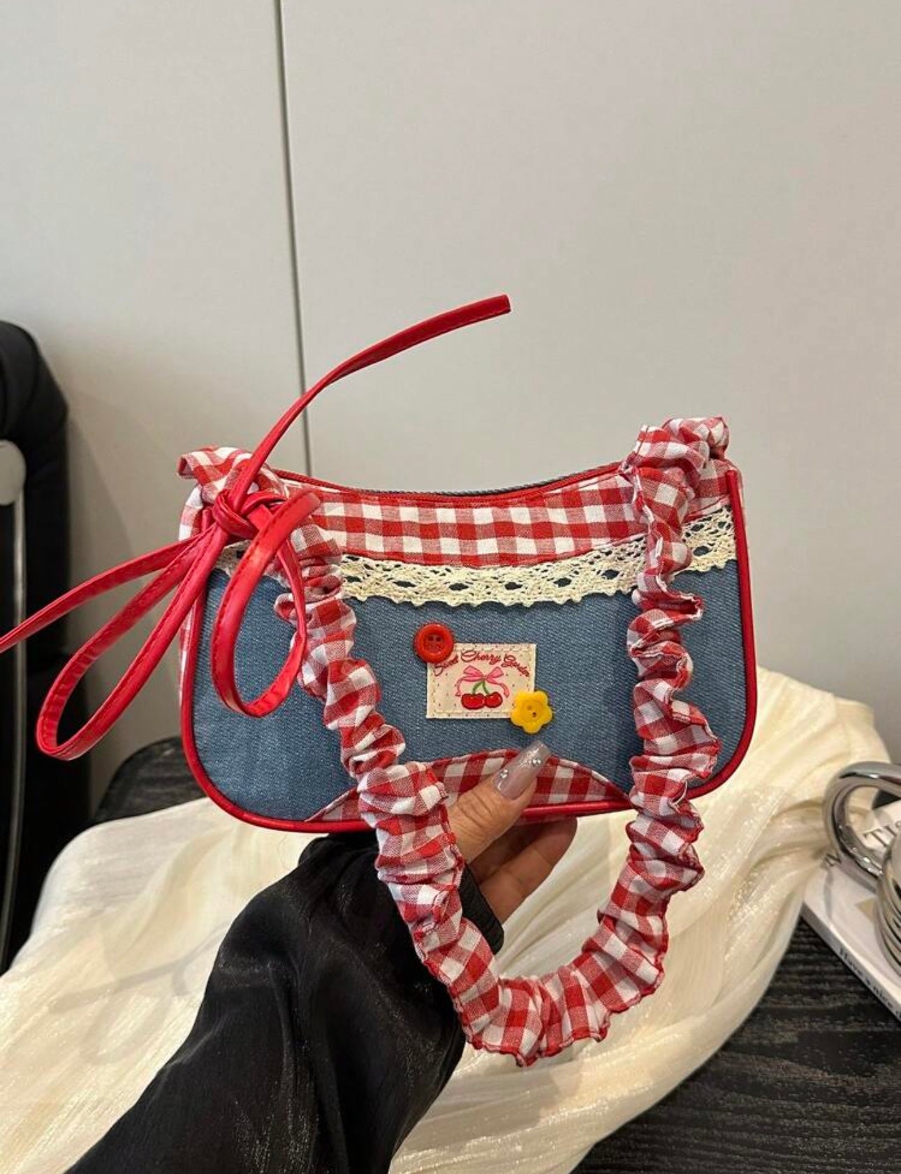 Check denim bag