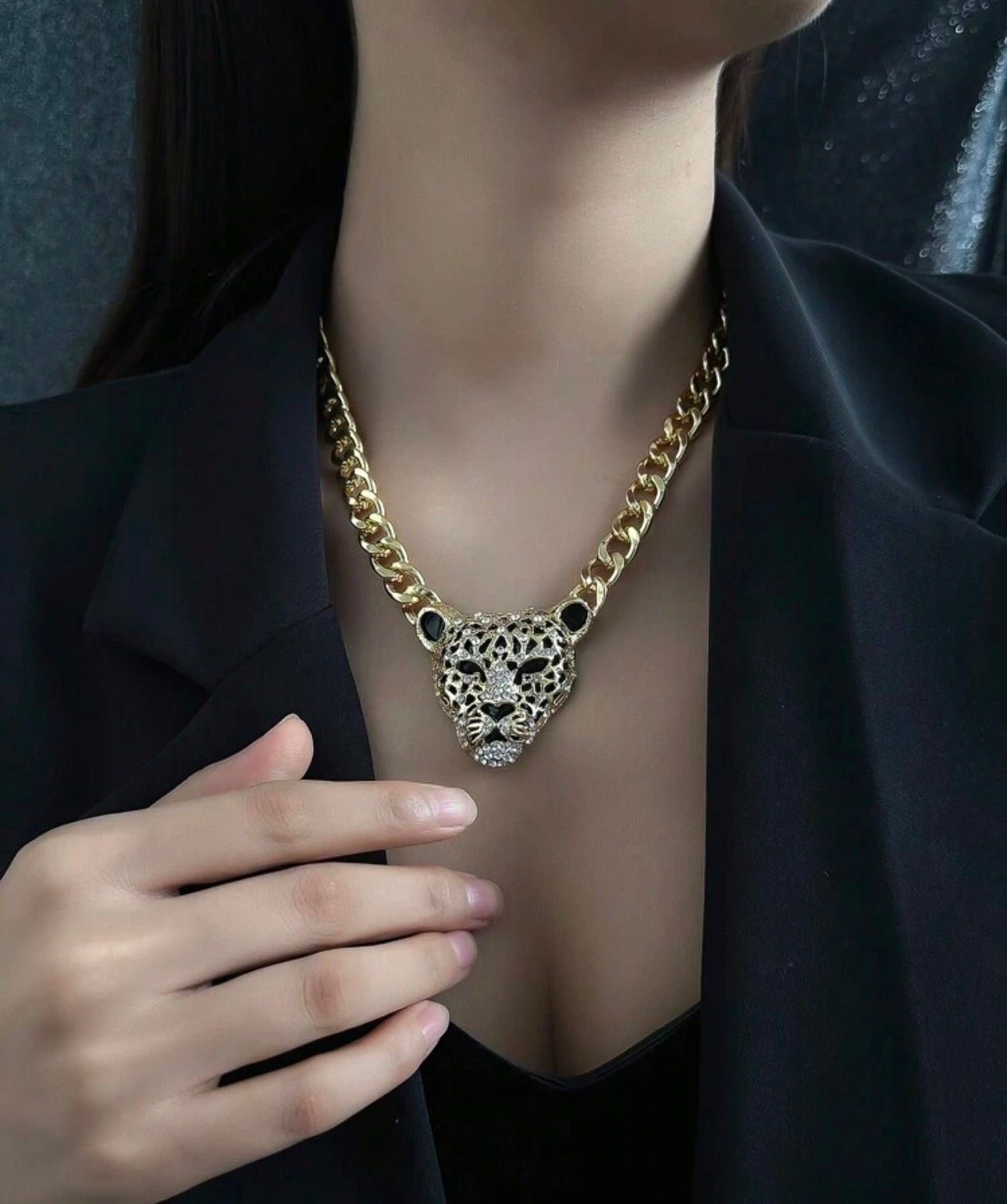 1pc Punk Style Exaggerated Leopard Head Pendant Chunky Chain Necklace With Rhinestones