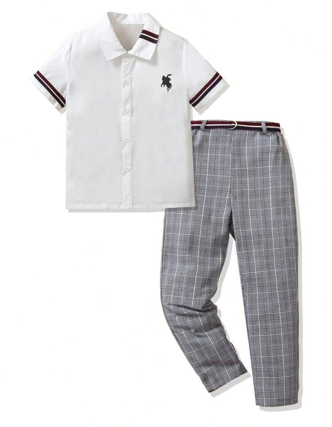 Tween Boy 2 Pieces Suit - Shirt With Contrast Ribbon Trim, Pants & Necktie, Formal Outfit