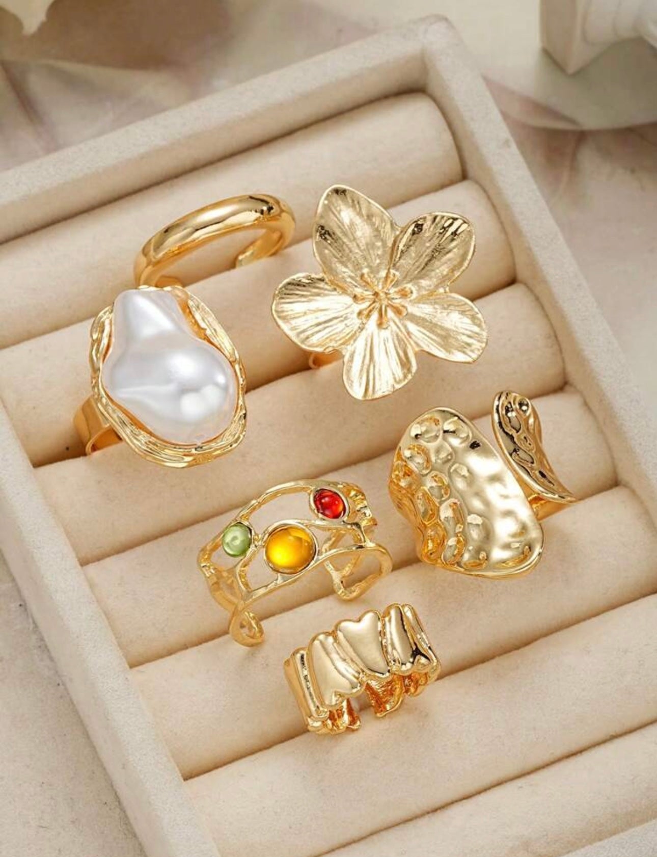 6pcs Baroque Faux Pearl Rings, Unique Exaggerated Open Ring, Vintage Flower Metal Rings, Suitable For Any Occasion, Perfect Gift Choice