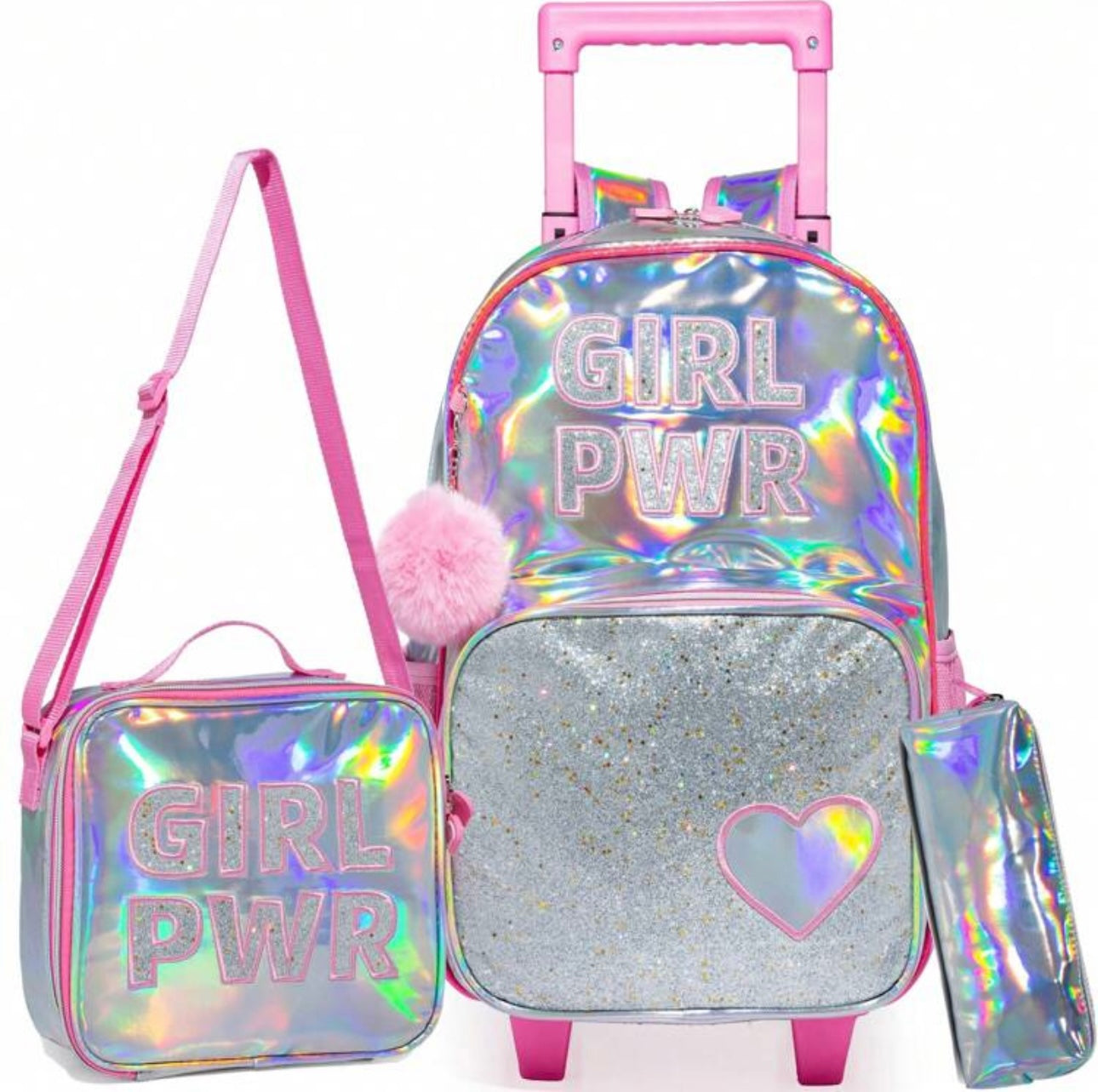 3PCS Shiny Kids Roller Backpack, Airplane Bag, Suitcase, Perfect For Girls To Go To School, Vacation, Travel, Travel Bag With Wheels, School Supplies, Best Gift For Kids.