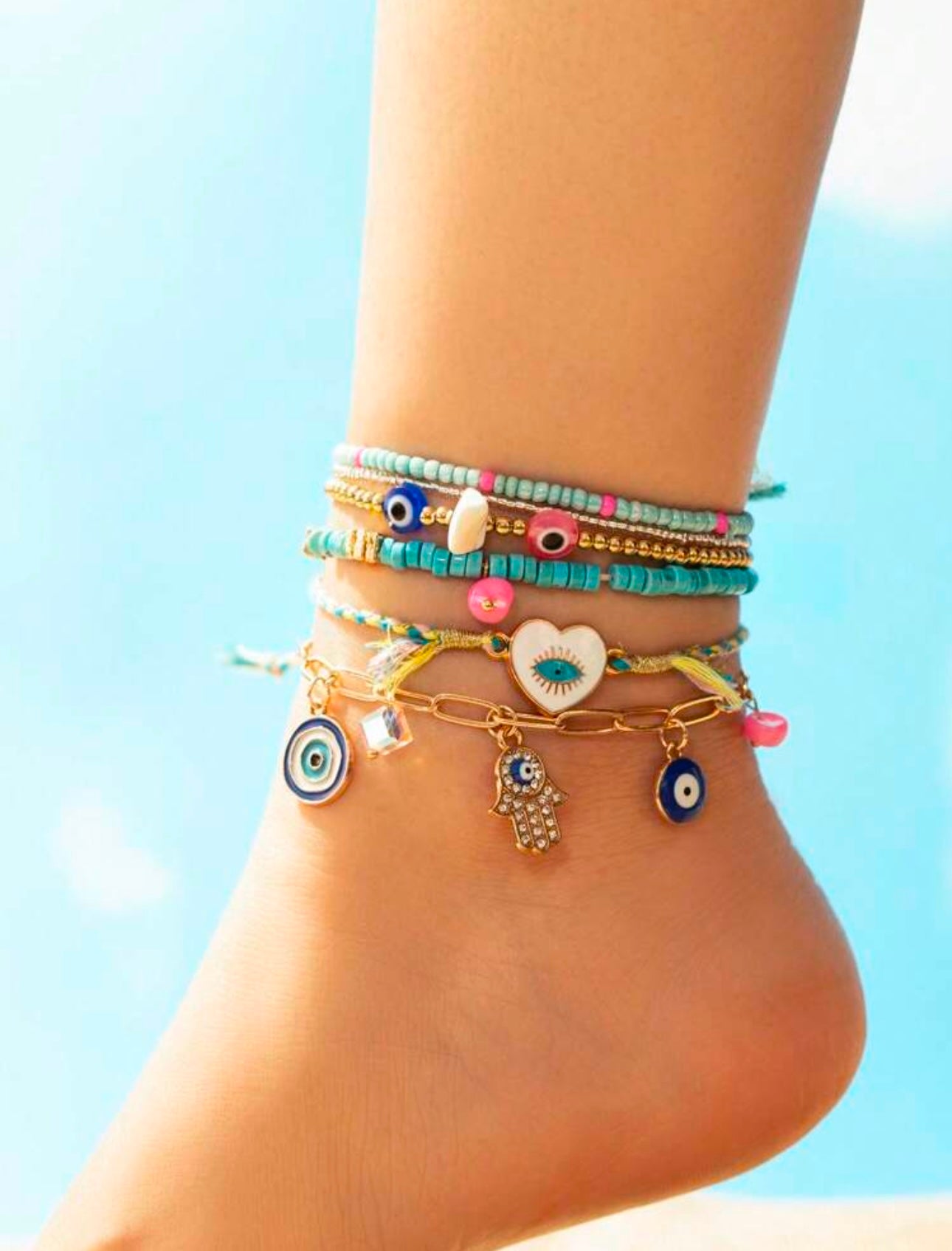 6pcs Bohemian Style Handmade Alloy Chain Devil Eye Pendant Anklet