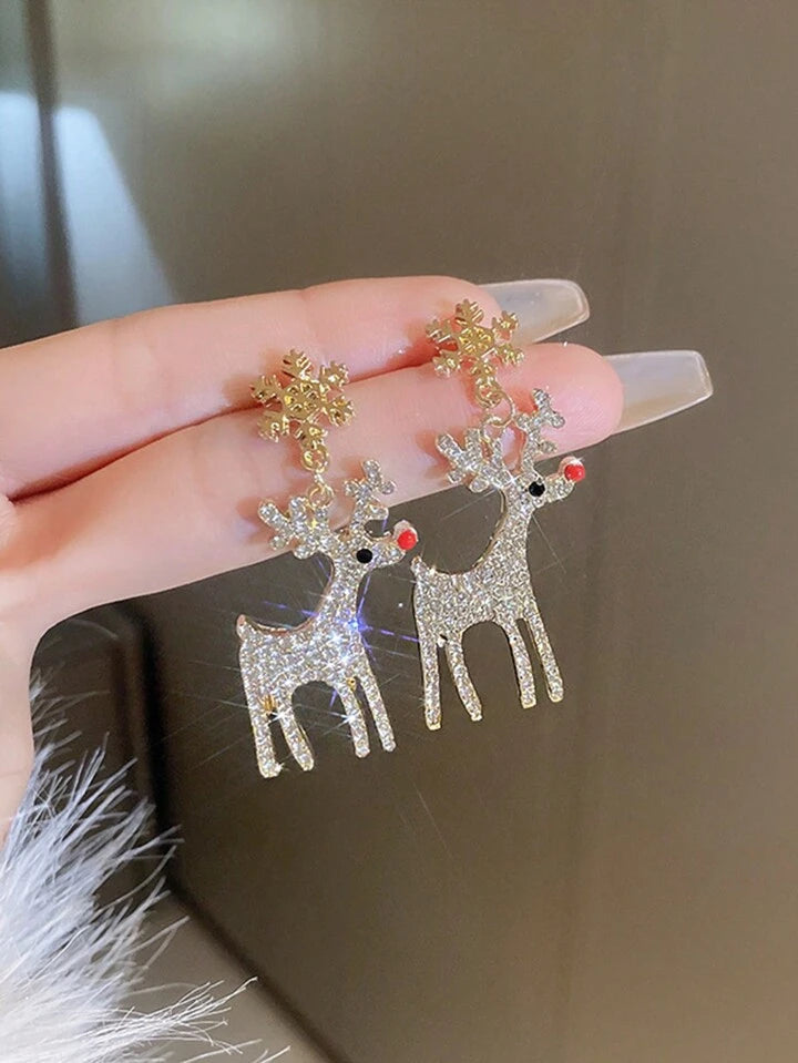 1 Pair Minimalist Rhinestone Snowflake & Reindeer Niche Luxury Elegant Design Earrings