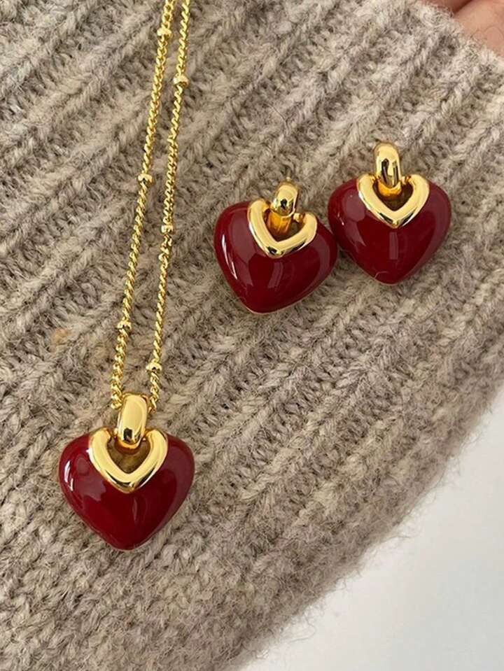 3pcs Enameled Heart Alloy Jewelry Set: Earrings, Necklace & Pendant, Versatile