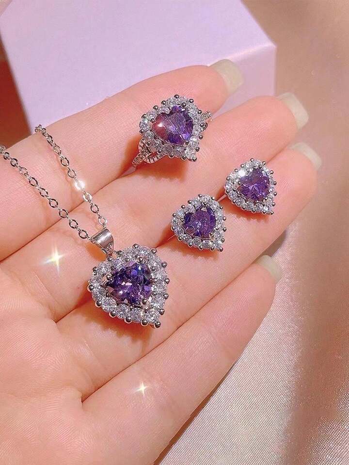 4pcs/Set Elegant Purple Heart Rhinestone Necklace, Ring, Earrings Jewelry Set