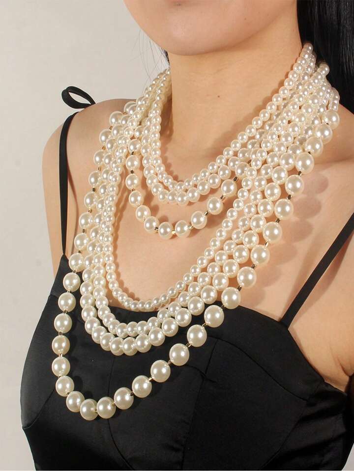 Faux Pearl Beaded Layered Necklace & Earrings