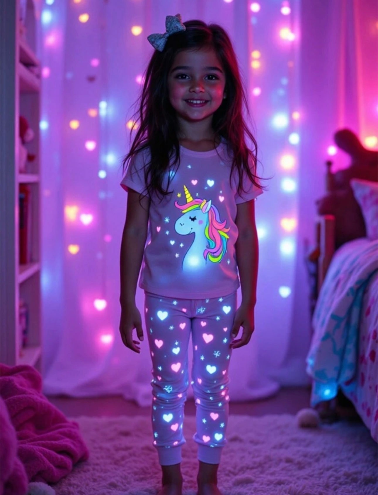 Young Girl Unicorn Graphic Glowing 2pcs Short Sleeve Top And Pants Sleepwear Set, Light Pink