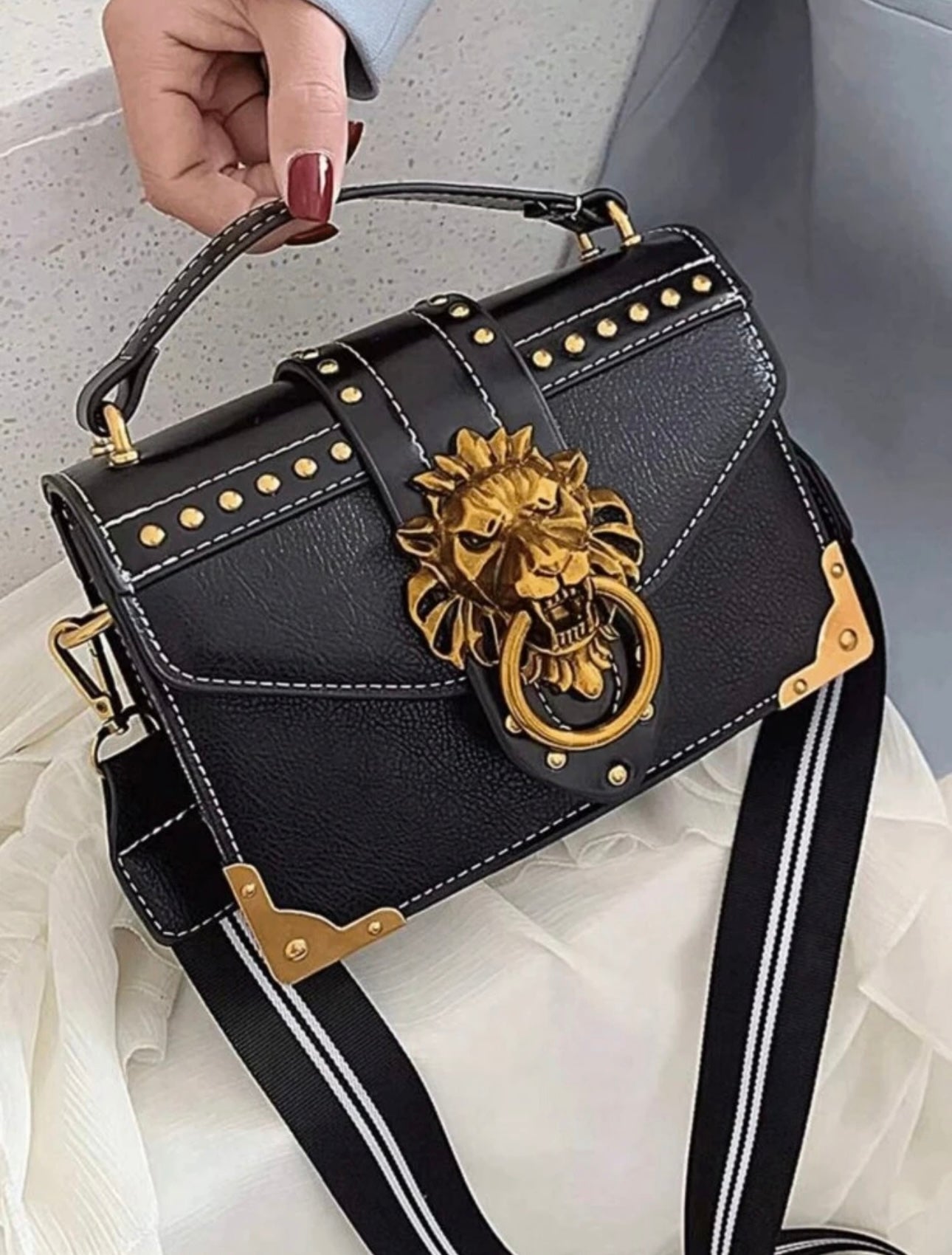 Lion Head Decor Square Crossbody Bag, PU Leather Textured Bag Purse, Versatile Fashion Shoulder Bag