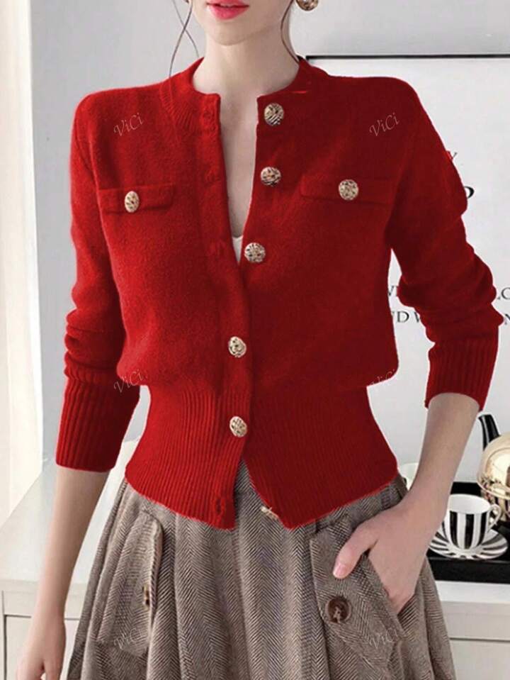 Casual Solid Color Long Sleeve Knit Ribbed Button Mock Pocket Round Neck Cardigan