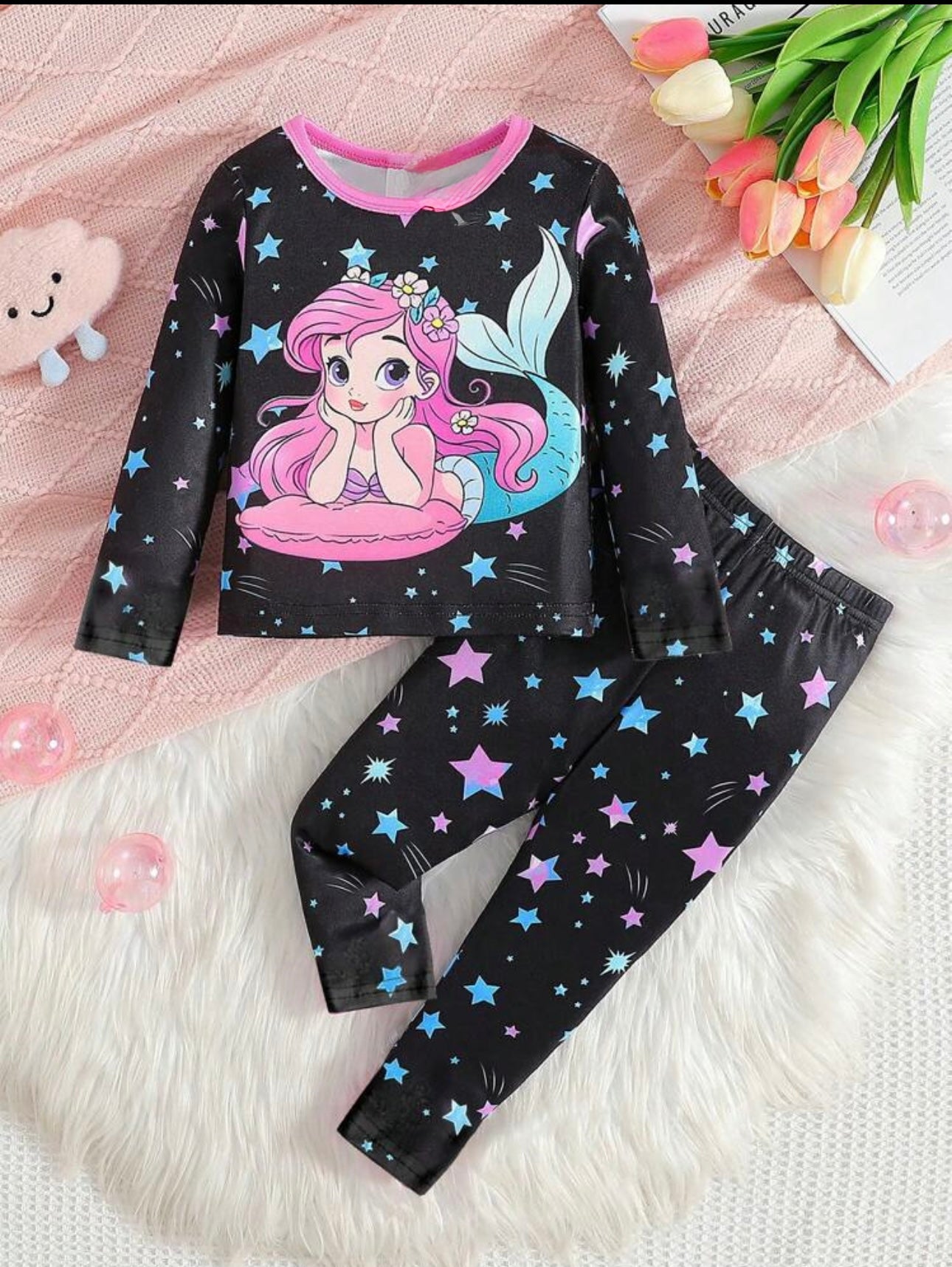 2pcs Young Girl Unicorn Colorful Luminous Star Print Simple Elegant Loose Casual Long Sleeve Pants Pajama Set