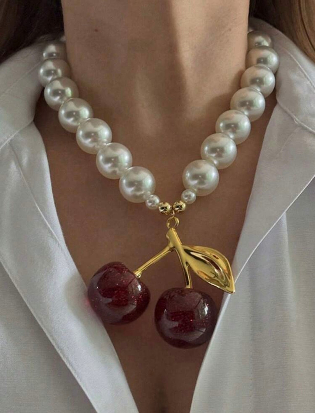 1 PC Fresh, Cute, And Sweet Faux Pearl Fruit Cherry Women's Necklace, Suitable For Daily, Holiday, Gift, And Fashion Accessories