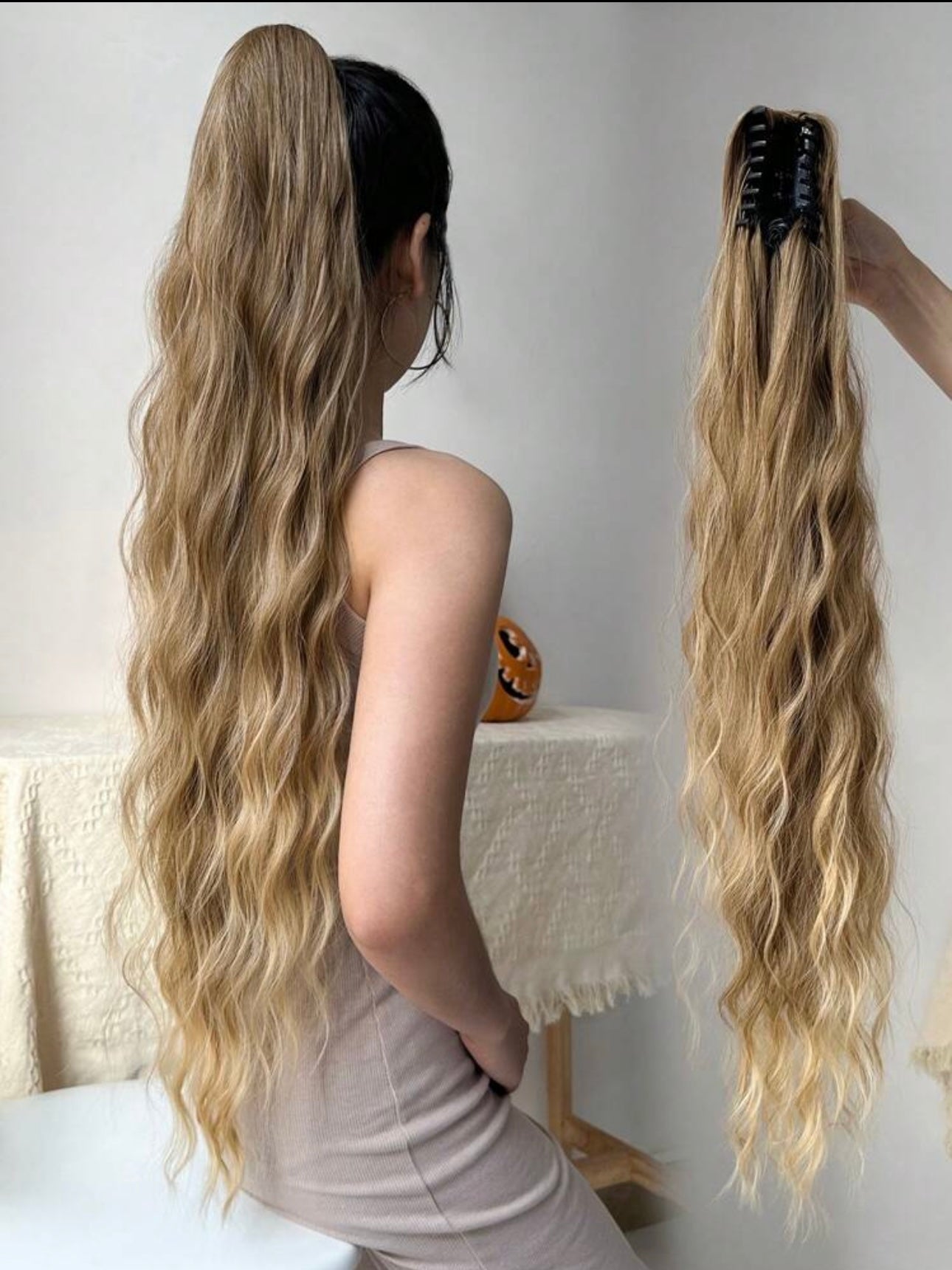 Claw Ponytail Extension 32 Inch Brown Blonde Color Water Wave Wavy Curly Clip In Hair Extensions Soft Natural Looking Synthetic Hairpiece For Women