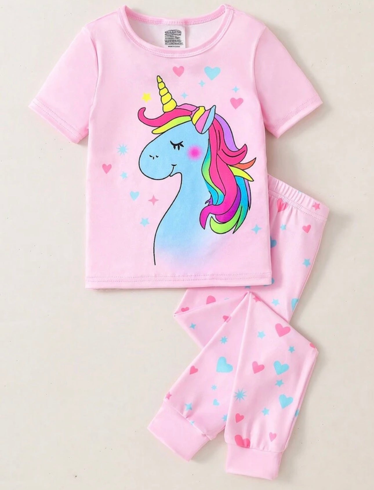 Young Girl Unicorn Graphic Glowing 2pcs Short Sleeve Top And Pants Sleepwear Set, Light Pink