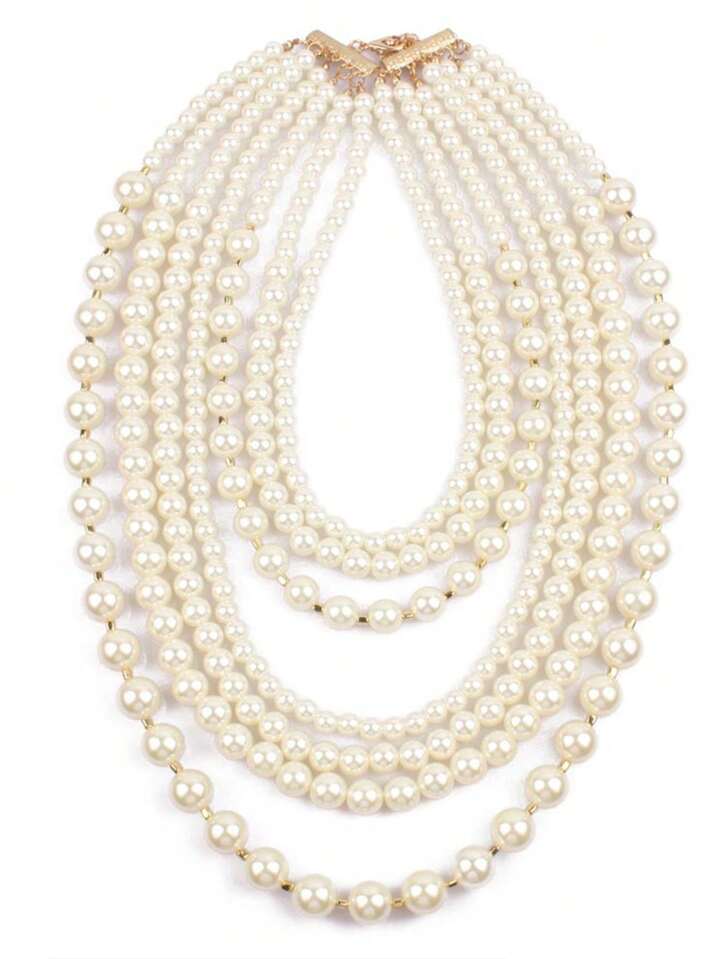 Faux Pearl Beaded Layered Necklace & Earrings