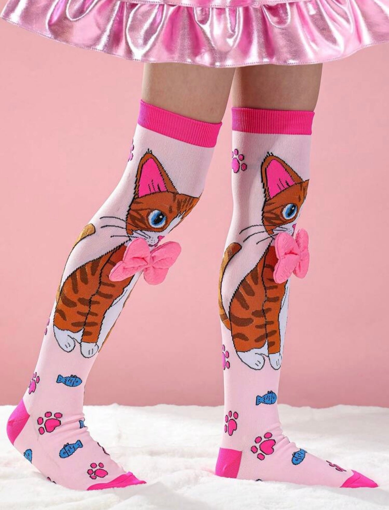 1 Pair Girls Over-The-Knee Socks With Cute Kitty Print, Bow Decor, Fashion Pink Color