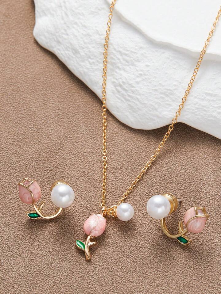 3pcs/Set Fashion Women Charm Tulip Flower Pendant Necklace Earrings Jewelry Set