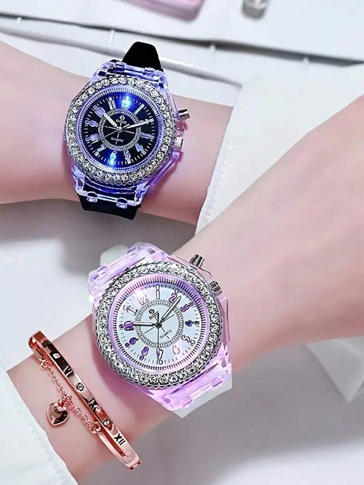 Luminous Watch Rhinestone LED Flash Couple Silicone For Unisex Round Quartz Sports Watch