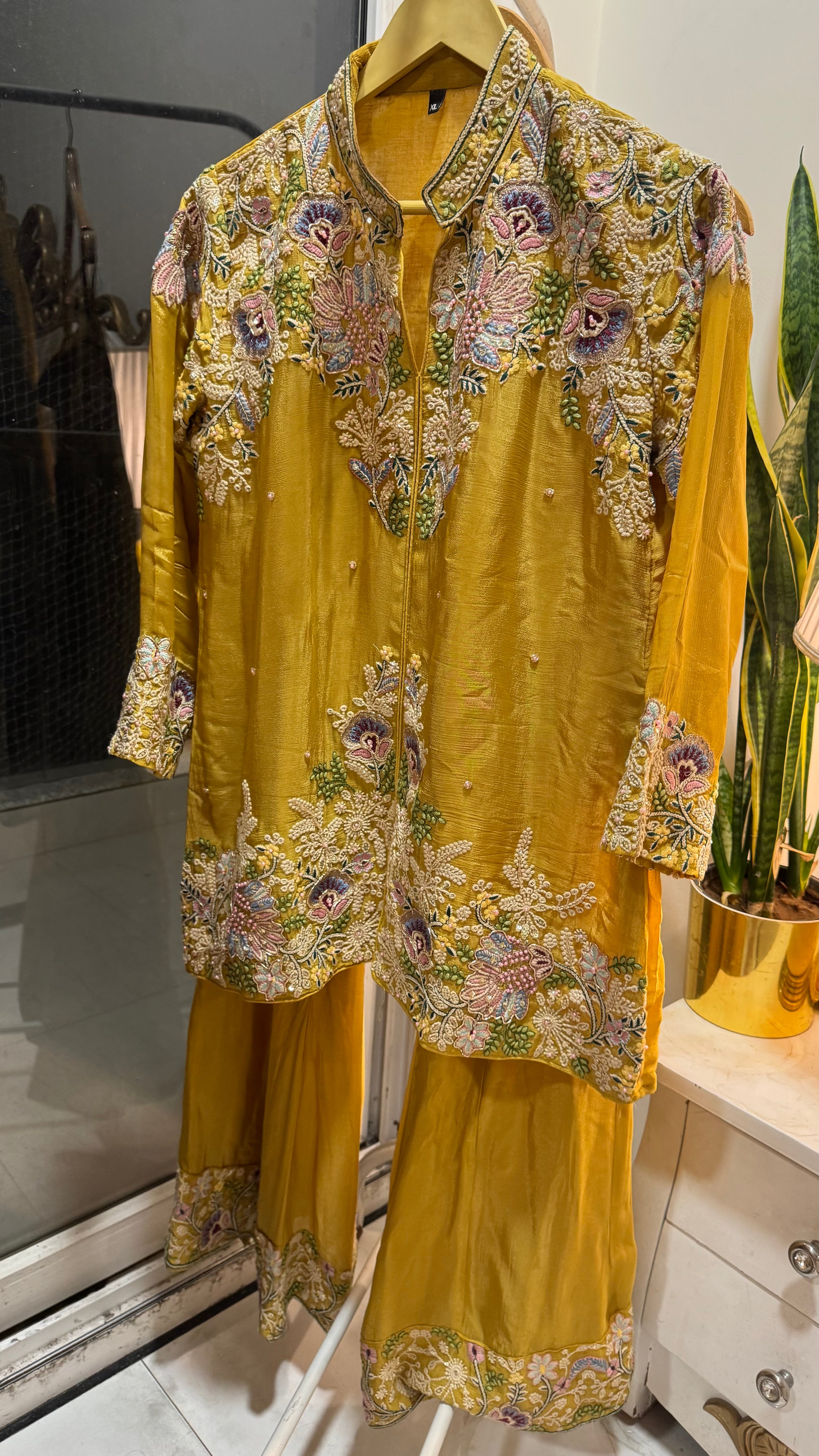 Embroided yellow cord set