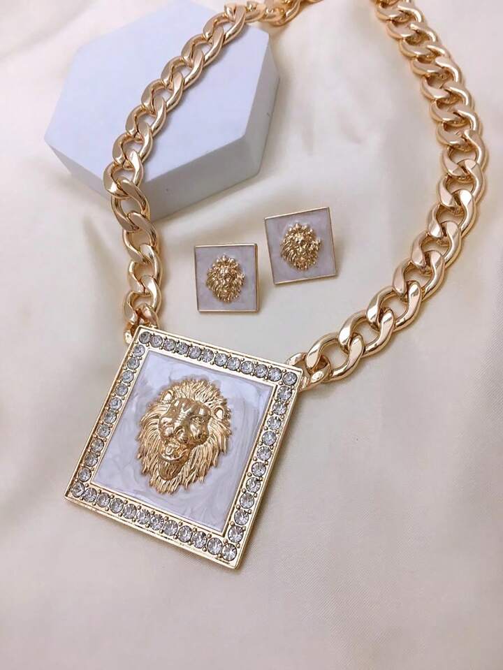 1set European And American Lion Head Design Necklace And Earrings Set