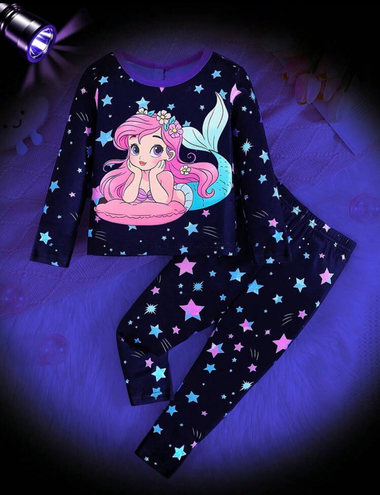 2pcs Young Girl Unicorn Colorful Luminous Star Print Simple Elegant Loose Casual Long Sleeve Pants Pajama Set