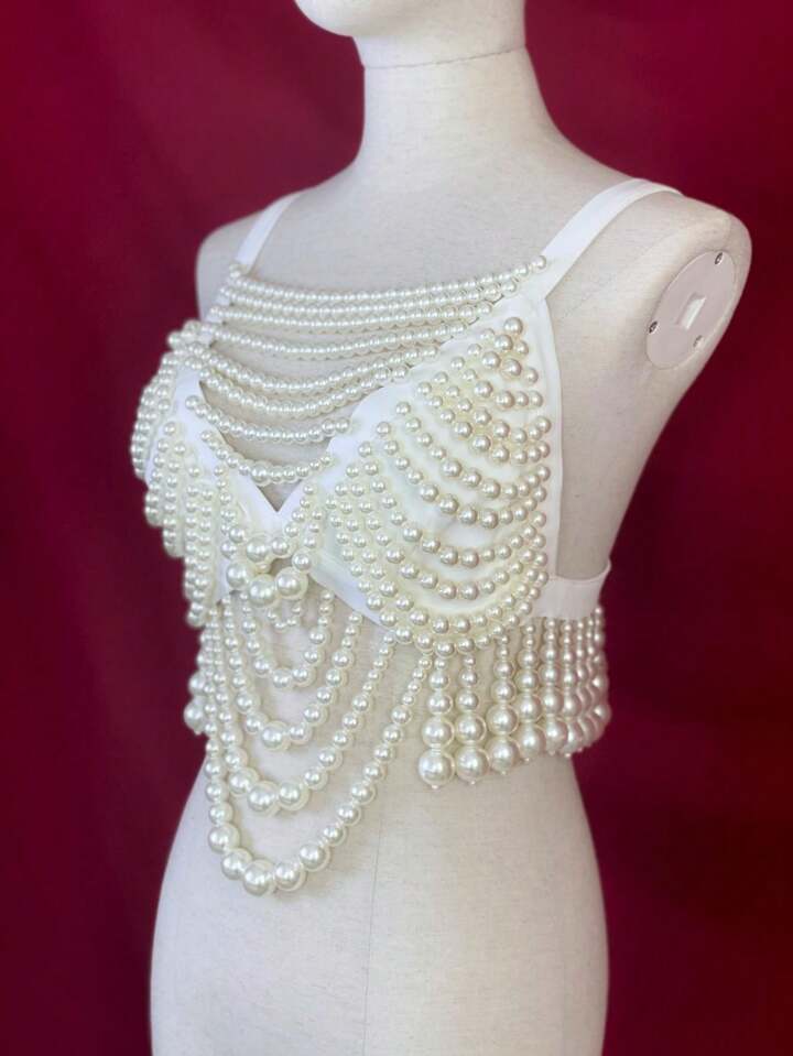 1Pcs High Luxury Women's Faux Pearl Vest Body Chain Classy Spaghetti Strap Top