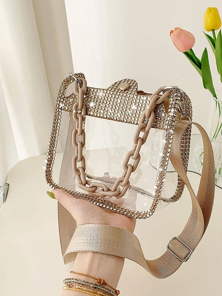 Mini Rhinestone Decor Chain Square Bag Clear PV