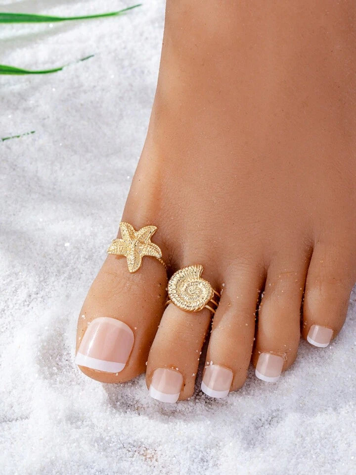 2 Pcs Golden Color Starfish Shell Sea Snail Toe Rings Set