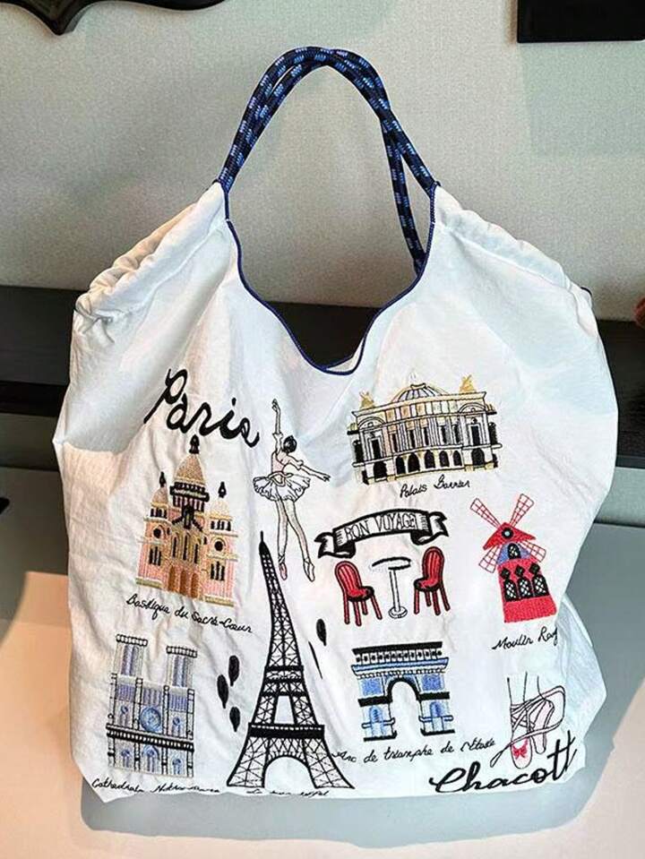 New Embroidered Eiffel Tower Design Shopping Tote Bag, Large Capacity Nylon Travel Tote