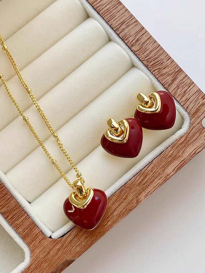 3pcs Enameled Heart Alloy Jewelry Set: Earrings, Necklace & Pendant, Versatile