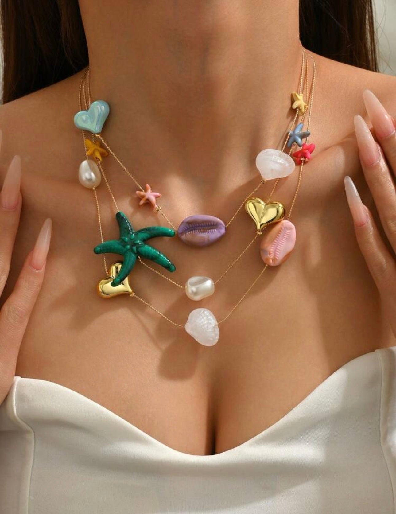 1pc Vacation Beach Style Multilayer Resin Shell, Sea Turtle & Star Pendant Necklace For Women (Accessory Color Randomly)