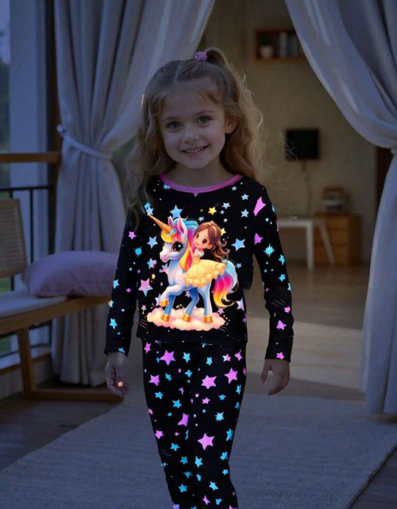 2pcs Young Girl Unicorn Colorful Luminous Star Print Simple Elegant Loose Casual Long Sleeve Pants Pajama Set