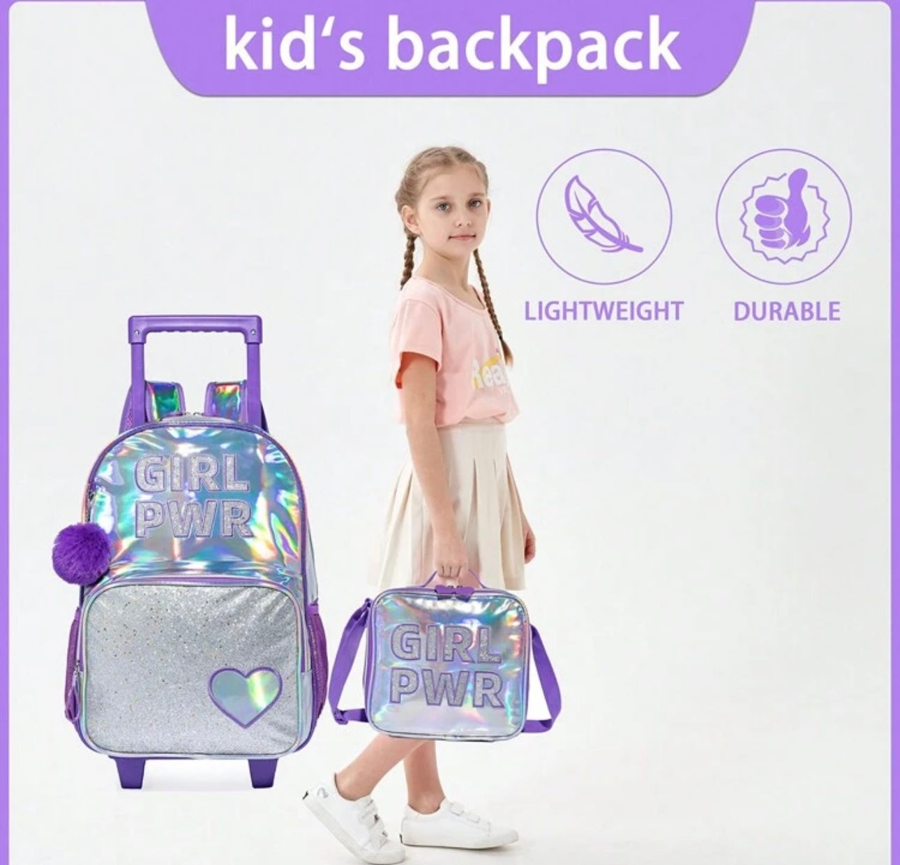 3PCS Shiny Kids Roller Backpack, Airplane Bag, Suitcase, Perfect For Girls To Go To School, Vacation, Travel, Travel Bag With Wheels, School Supplies, Best Gift For Kids.