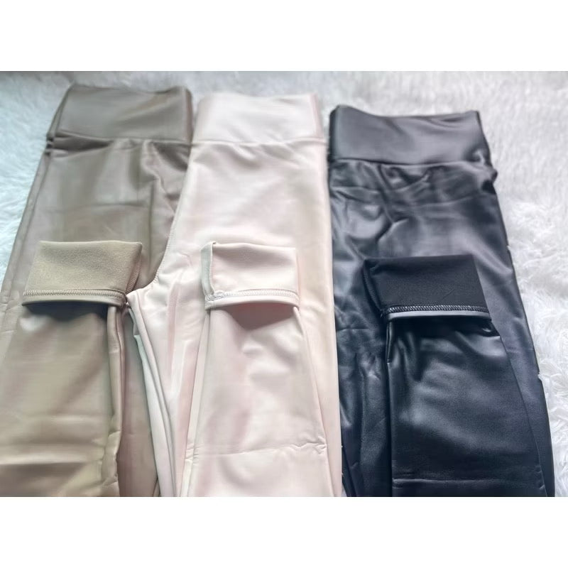 Fleece leggings leather look