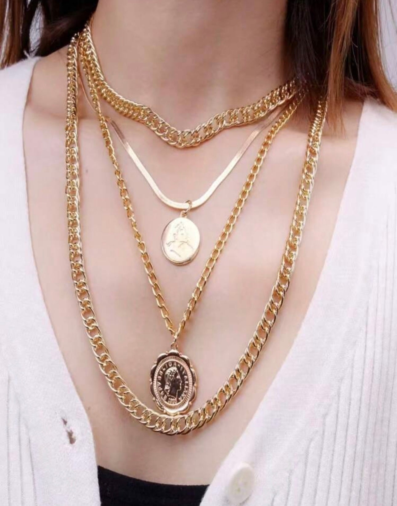 2pcs/Set 14K Solid Gold Tone Hip Hop Style Layered Necklace